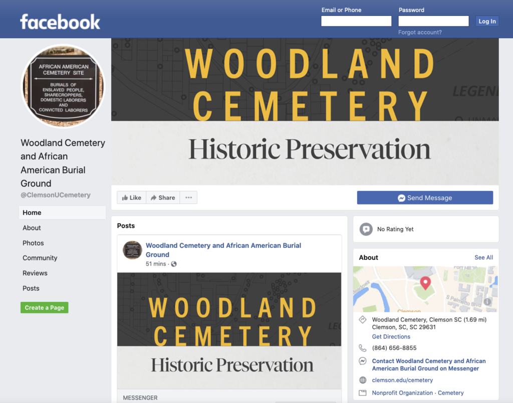 Screenshot of the Facebook page for Woodland Cemetery and the African American Burial Ground.
