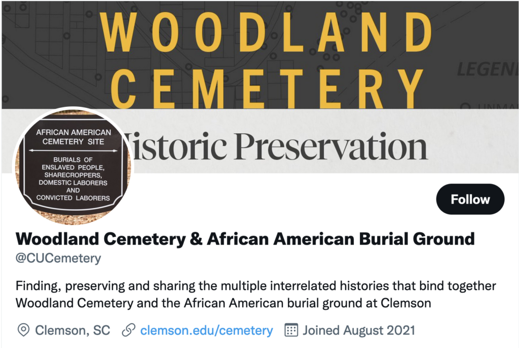 Screenshot of the Twitter page for Woodland Cemetery and the African American Burial Ground