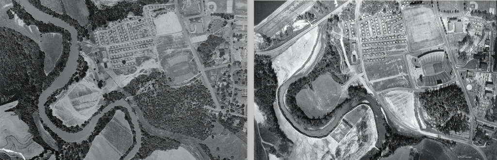 Two aerial photographs of Clemson in 1956 and 1963 showing the changes in Woodland Cemetery.