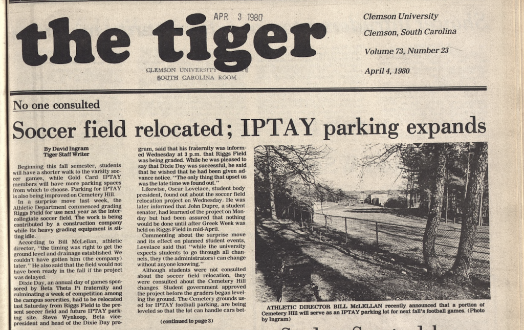 Front page of the Tiger newspaper from April 1980 showing a picture of part of Woodland Cemetery being graded for a new IPTAY parking lot.