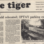 Front page of the Tiger newspaper from April 1980 showing a picture of part of Woodland Cemetery being graded for a new IPTAY parking lot.