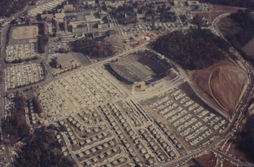 An aerial view of Memorial Stadium showing construction in the lower, western area of Cemetery Hill in the fall of 1960.