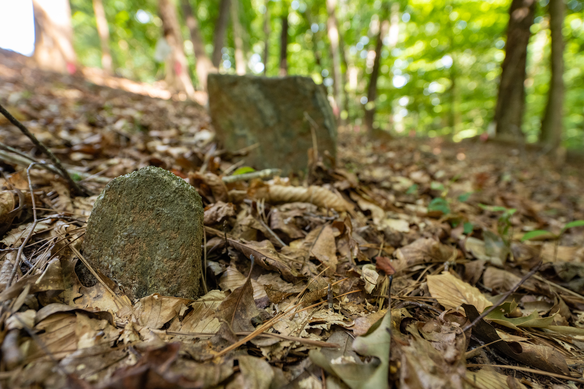 Field stones marking unknown graves in Woodland Cemetery.