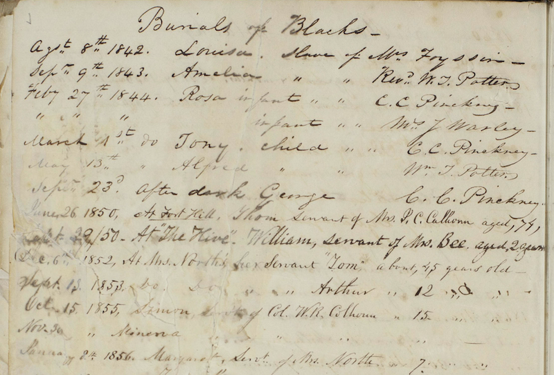 Excerpt listing burials of enslaved people at local plantations, including Thom at Fort Hill.