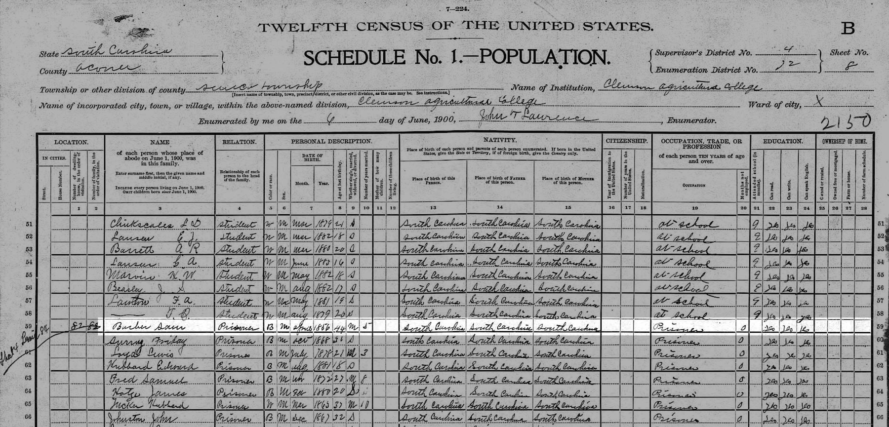 The 1900 census for Clemson College with Sam Barber highlighted.